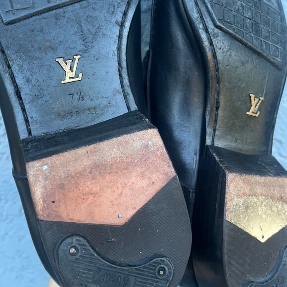 Louis Vuitton Mens Black Leather Lace Up Shoes LV Size 7.5 US 8.5 square toe - Picture 15 of 16